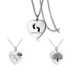 Heart Shape Tree Footprint Rose Pattern Cremation Urn Pendant Necklace Memorial Ashes Keepsake Gift Jewelry for Women Men293a