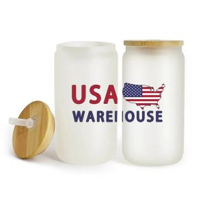 US Warehouse 16oz Sublimation Glass Mugs Cup Blanks with Bamboo Lid Brosted Beer Can Glasses Mason Jar Straw Straw SS0430