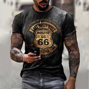 Summer new Highway 66 digital print Street hip hop slim fit Pullover men's T-shirt
