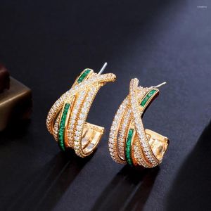 Hoop Earrings ThreeGraces Elegant Green Cubic Zirconia Small Geometric Twisted For Women Gold Color Chic Party CZ Jewelry ER924
