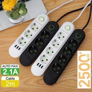 Strömremsor Förlängningssladdar Surge Protectors EU Plug Strip med 3 USB -portar Cord Socket Network Filter Rund Pin AC Outlet 2500W Elektrisk laddningsadapter 231130