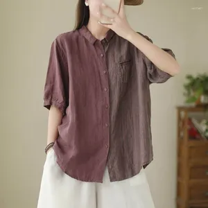 Женские блузки, рубашки, женские винтажные однобортные цельные блузки с воротником-поло в полоску и в стиле пэчворк, повседневные корейские модные цельные блузки