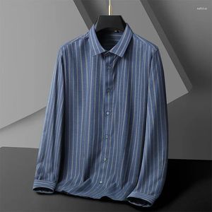 Camisas casuais masculinas 160kg 8xl viscose outono camisa oversize mangas compridas empresários primavera listras azuis homem gordo camisa7308