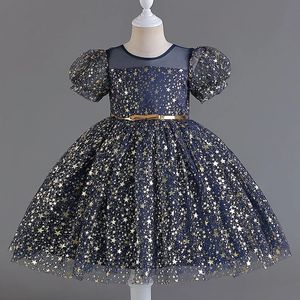 Flickor klänningar barns prinsessklänning metallisk stil personlighet tryckt bälte puffy hylsa kjol gasparti m7603 231130