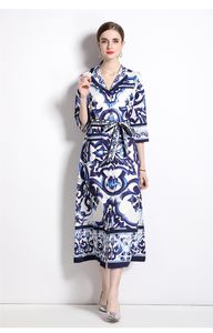 Casual Dresses Runway Fashion Blue and White Porcelain Printing Single Breasted Shirt Dresses Women Chic Office Lady Work Knee Length Dress 2023