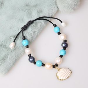 Strand-Süßwasser-Perlen-Armband-natürlicher Shell-Charme-Anhänger mit blauen Steinen wulstige Schmuck-handgemachte justierbare Armbänder