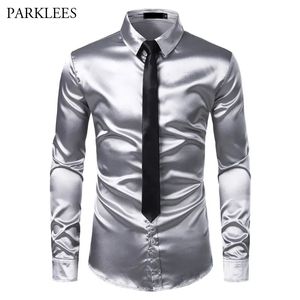 Camisas casuais masculinas prata seda camisa gravata conjunto masculino cetim liso smoking camisas casuais botão para baixo camisas de vestido de casamento festa de baile chemise homme 231130