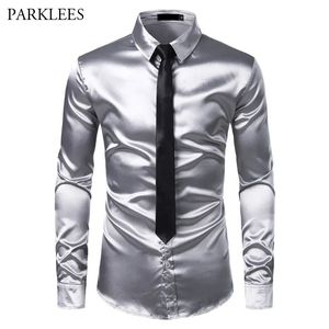 Mäns casual skjortor silver siden shirtie set mens satin slät tuxedo skjortor avslappnad knapp ner män klänning skjortor bröllop parti prom kemis homme 231130