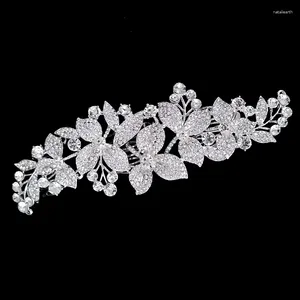 Hårklämmor Lång lyxkristallblad Brudhuvudstycke Flower Pearl Wedding Combs for Women Accessories Girls Head Dress