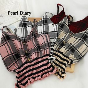 Womens Tanks Camis Pearl Diary Women Summer Knitting Camisole Plaid Spaghetti Strap Cropped Tops Buttons Front Smocked Hem Slim Fit Casual 230428
