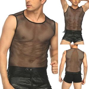 Regatas masculinas sexy topo de malha transparente undershirt fishnet colete corda sem mangas camisas masculino noite clubwear magro esporte