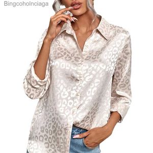 Kvinnors blusar skjortor elegant satin leopard tryck jacquard blusar vår höst långa sles blus kvinnor toppar camisas woman kläder skjorta blusal231130