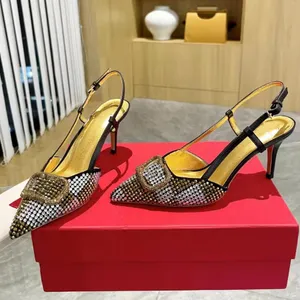 Fashionabla slingbacks kvinnor äkta läder kristall dekoration lyx designer sandaler 7 cm hög häl casual party klänning sko toppkvalitet varumärke bröllopskor