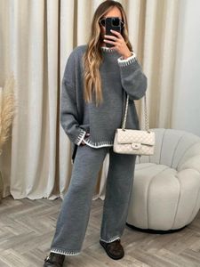 Women's Two Piece Pants Striped Elegant Women Knitted Home Suit Split Sweater Top Elastic High Waist Straight 2 Pieces Set Female Autumn