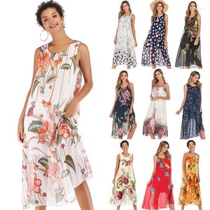 Casual Dresses Trend European and American Style Loose Sexig Beach Wind Chiffon Floral Round Neck Vest Suspender Dress Female Summer