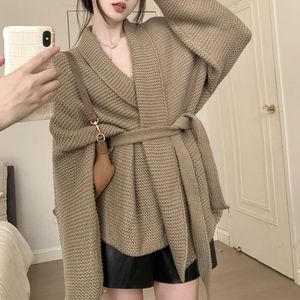 Womens Knits Tees Khaki Cardigan Knit Sweater Women Lace Up Fall Spring Autumn Winter Maxi Soft Loose Coat White Long Knitted Jacket 231129