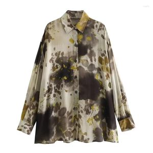 Kvinnors blusar Kvinnor Vintage överdimensionerade tryckta skjorta våren lapel långa ärmar lösa boho retro asymmetriska hemknappar blommor toppar
