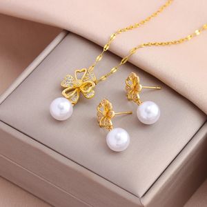 Pendanthalsband Vintage Zircon Crystal Flower Pearl Earrings For Women Women Daily Wear 316L Rostfritt stål smycken Set 231130