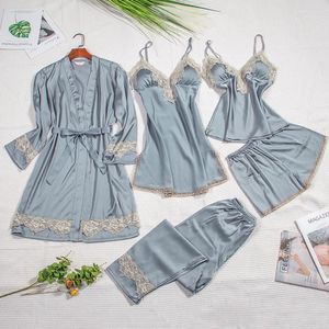 Women's Sleepwear Sexy Female Lace 5PCS Kimono Bath Robe Gown Set With Belt Faux Silk Autumn Nightdress Backless Strap Top&Pants