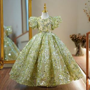 Shiny Dresses Green Lace Kids Flower Girl For Wedding Long Sleeve Tulle Princess Party Pageant Girls Holy First Communion Gown Toddler Bridesmaid Dress 403