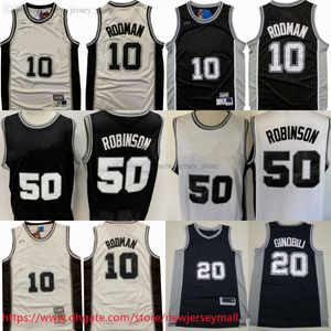 Clássico Retro Baskeball 10 DennisRodman Jersey Costurado Vintage 50 DavidRobinson 20 ManuGinobili Jerseys Preto Branco Respirável Camisas Esportivas