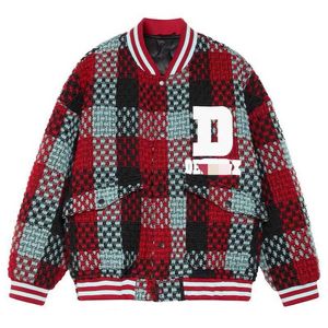 New Autumn and Winter Style American Woven Plaid Baseball Jacket for Men Women Handsome Loose Fitting Couple