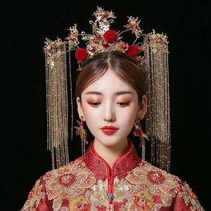 伝統的な中国の結婚式の花嫁ゴールドクイーンクラウンレッドヘッドピースヴィンテージウェディングティアラヘッドドレスブライダルヘアアクセサリー212E