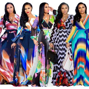 Casual Dresses African Style Long Sleeve Deep V-hals Hög midja plus storlek klänning tryckt eleganta kvinnor Boho Maxi Chiffon