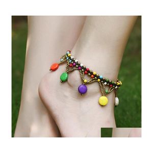 Anklets Bohemian Fashion Jewelry Turquoise Colorf Beaded Pendant Anklet Handmade Wax Thread Woven Beads Drop Delivery Dhjnk