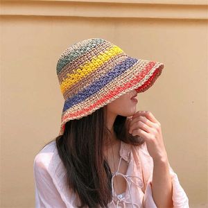Breda brimhattar 2023 Summer Women's Bucket Hat Straw Made Rainbow Crochet foldble Parent-Child Panama Hat Children Female Sun Visor Cap G230131