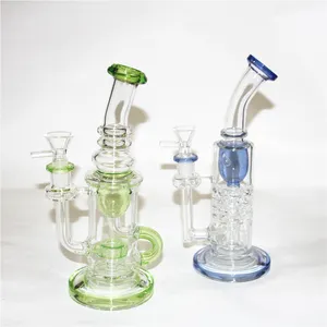 Perc Hookahs Unique Bongs 14mm Double Recycler Percolator Water Pipes Green Purple Pink Oil Dab Rigs With herb Bowl Glass Bong