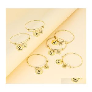 Braccialetti con ciondoli 12 Constellation Zodiac Bangle Bracciale Take Time Goditi ogni giorno Lettera Cuore scolpito Moneta Acciaio inossidabile Regolabile Br Dhpnx