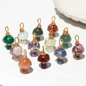 Charms 2Cm Mushroom Statue Natural Crystal Stone Carving Reiki Healing Gold Wire Wrap Pendant For Women Jewelry Making Whole Dhgarden Dhetf