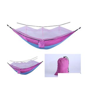 Hammocks Foldable Mosquito Net Hammock Parachute Cloth Outdoor Field Cam Tent Garden Swing Hanging Bed With Rope Hook Drop Delivery Dhhm0