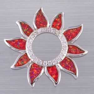 Anhänger Halsketten Kongmoon Sonnenblume Rot Feuer Opal Kreis CZ Silber plattiert Schmuck für Frauen Halskette