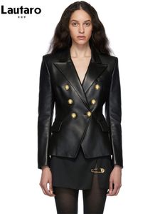 Womens Leather Faux Lautaro Spring Autumn Short Elegant Luxury Pu Blazer Women Long Sleeve Golden Buttons Double Breasted European Fashion 230131