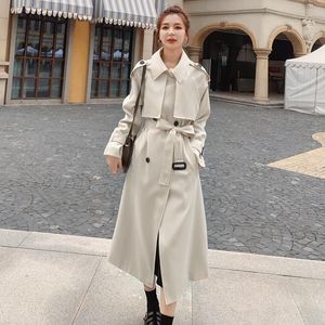 Women's Trench Coats Fashion Women Long Coat Beige Double-Breasted With Belt Spring Autumn Lady Duster Female Outerwear Brand