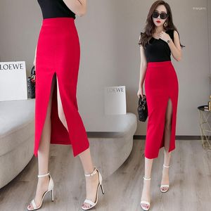 Saias Wishotong Summer Letury Salia Office Use Alta cintura dividida Moda coreana Black Long for Women 2023 Feminino