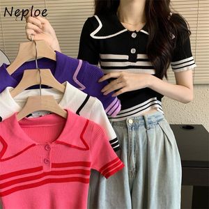 Kobiety Sweters Neploe Odkręć pasek kołnierza krótki rękaw 2023 KNITED Summer Korean Chic Simple Pullover Buttons Design Sense Sweatwom