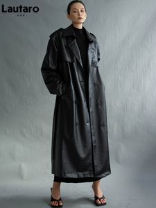 Damen Leder Faux Lautaro Herbst Langer Übergroßer Schwarzer Trenchcoat für Frauen Ärmelgürtel Zweireihig Lose Mode 230131