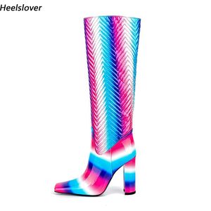 Heelslover Handgemachte Damen-Winterstiefel mit glänzendem Knie, klobige Absätze, quadratische Zehenpartie, wunderschöne Regenbogen-Partyschuhe für Damen, US-Größe 5–13