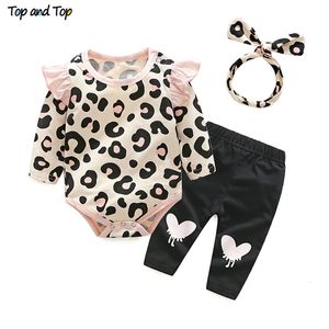 Conjuntos de roupas Top e Top Baby Girls Roupas Definir outono Nascido Menina Roma de leopardo Rompers de faixa para a cabeça 3pcs Roupfits Set 230201