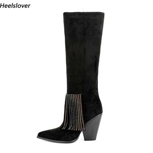 Heelslover New Women Winter Winter Mid Mid Calf Boots 프린지 블록 힐즈 뾰족한 발가락 아름다운 검은 파티 신발 숙녀 미국 크기 5-13