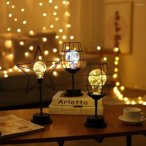 Night Lights Led Table Lamps Romantic Retro Hollow Iron Art Pentagram Wine Glass Shape Light For Home Bedroom Decor