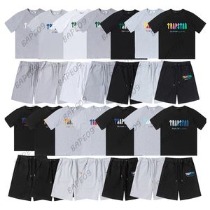 Men Summer Trapstar Tracksuits Designer Rainbow Towel Embroidery Decoding Men and Women T Shirt Pants 2 Piece Sets Men's Black White Round Neck T-shirts