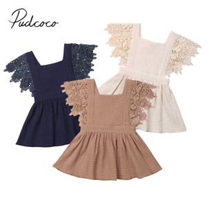 Dziewczyna ES 2019 Zupełnie nowy 0-3t Nowonarodzony maluch Dzieci Baby Girl Summer Lace Petatal Backless Pas Back Batton Solid Sukienka 0131