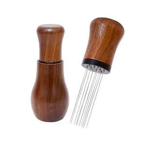 Tampers WDT Tool Espresso Distribution Tools 10 Needles 0.4mm Walnut Espresso Coffee Stirrer Handle Barista Stirring Needle With Stand 230201