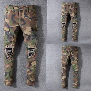Men's Jeans Italian Style Men Army Green Camouflage Patchwork Casual Pants Slim Fit Brand Streetwear Stretch BikerMen's