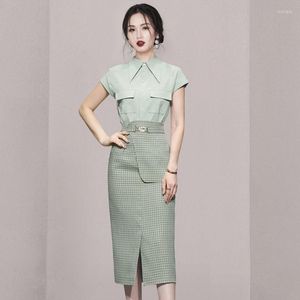 Work Dresses Summer Elegant Office Two Piece Set Women Single-Breasted Lapel Raglan Sleeve Shirt High Waist Bodycon Split Midi Skirt OL Suit