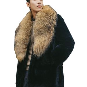 Мужская шерстяная смеси осень и зимний шерный пальто пальто имитация енота Большой воротник 230201
